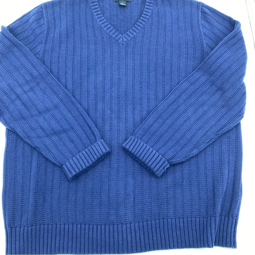 Lands’ End Men’s Sweater V Neck Ribbed Cotton Navy Large